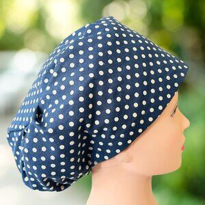 EURO Style Scrub Cap Navy~ Beige Dots~ Unisex Nurse Cap, Scrub Hat, Scrub Cap